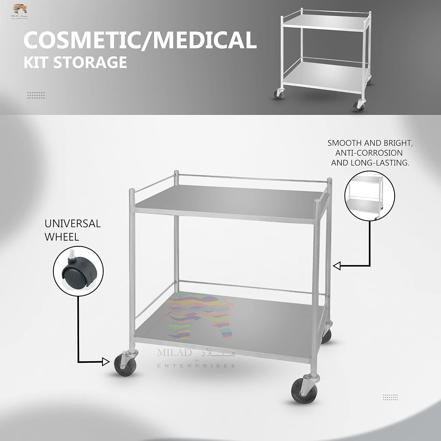 SS 304 medical instrument trolley with lockable castor wheels