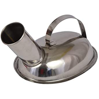 A stainless steel urine pot with a polished finish, featuring a handle and an spout for collection.