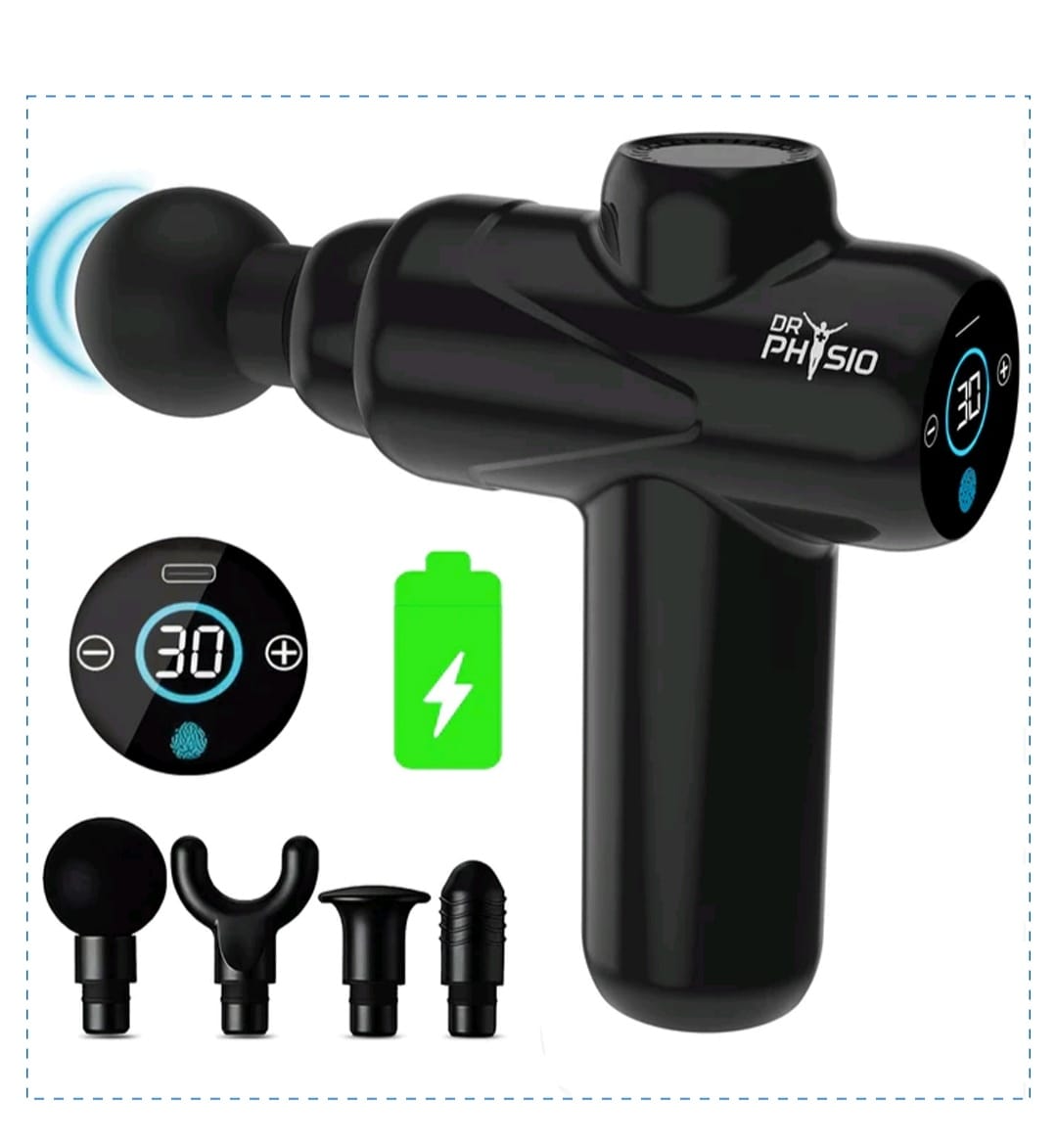 Black massage gun with attachments and digital display on a white background