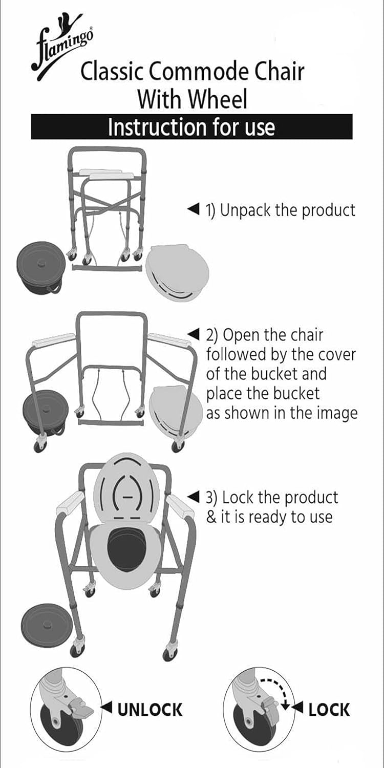 Side view of Flamingo Classic Commode Chair with wheels and handrails
