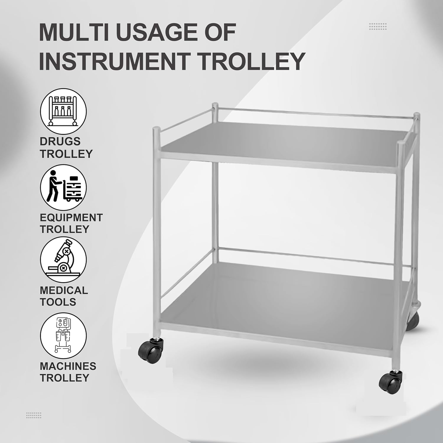 Stainless steel hospital instrument trolley with two storage shelves