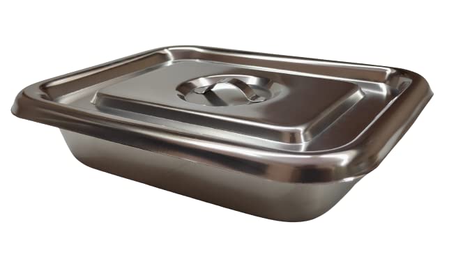 Stainless steel instrument tray with flat cover and lid handles