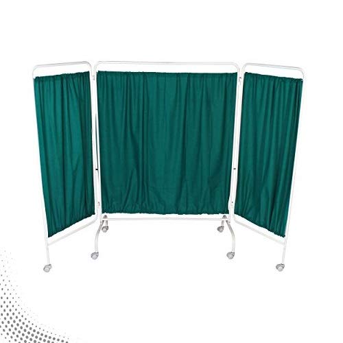 Three panel hospital bedside screen with green privacy curtain