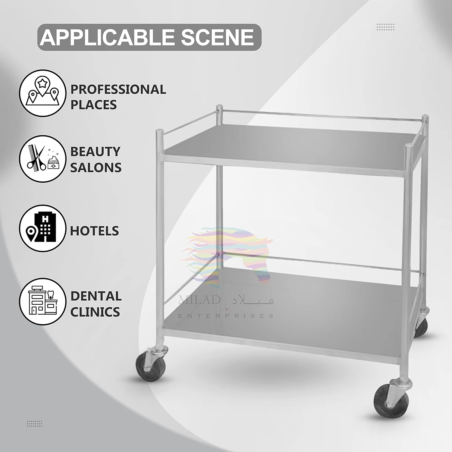 Two-shelf medical trolley with swivel wheels for hospital use