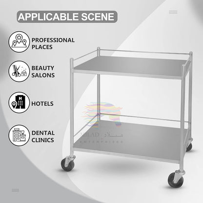 Two-shelf medical trolley with swivel wheels for hospital use