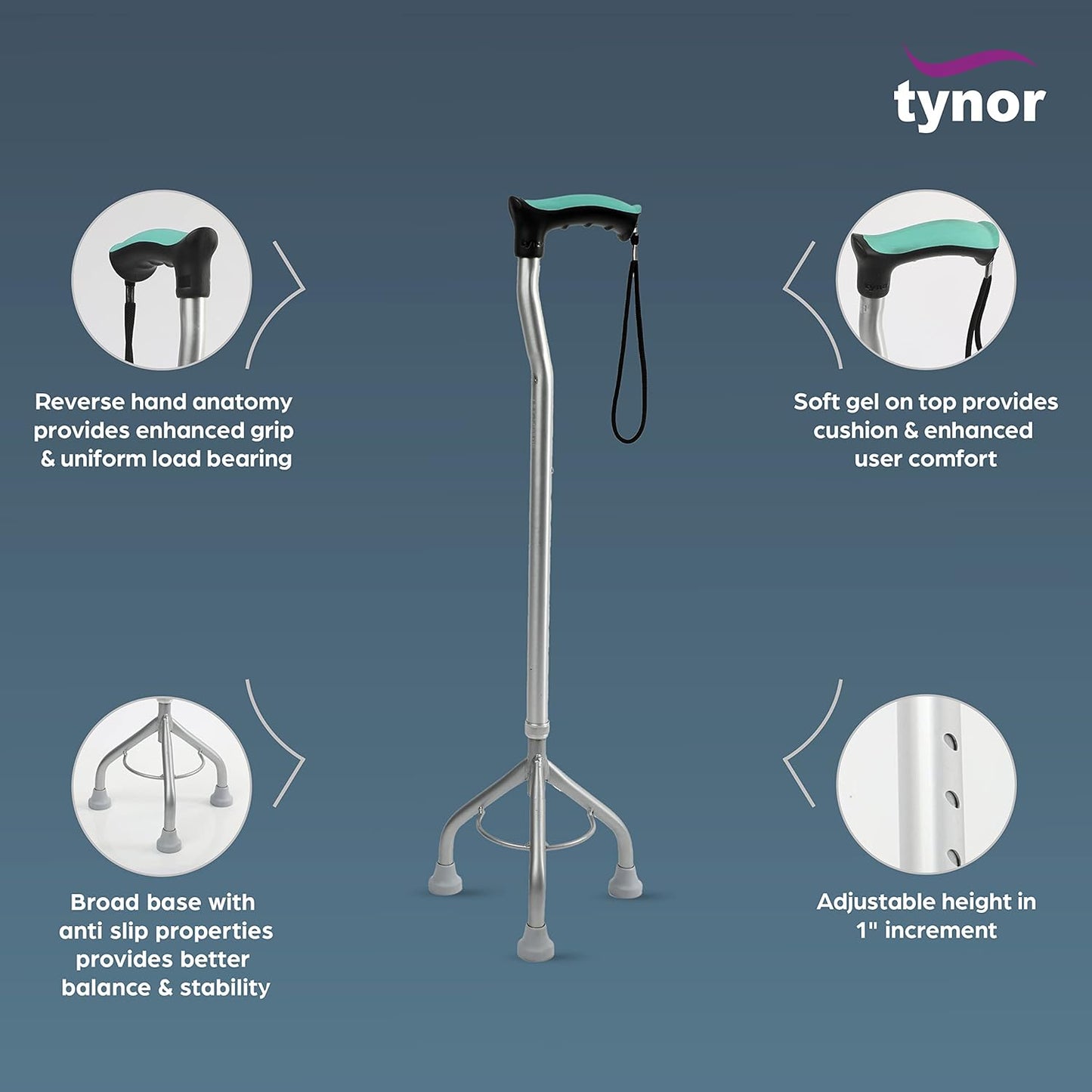 Tynor tripod walking stick three point base