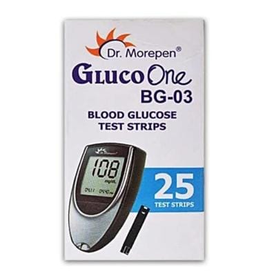Dr. Morepen GlucoOne BG-03 Blood Glucose Test Strips box, showing '25 test strips' and a meter reading of '108 mg/dL