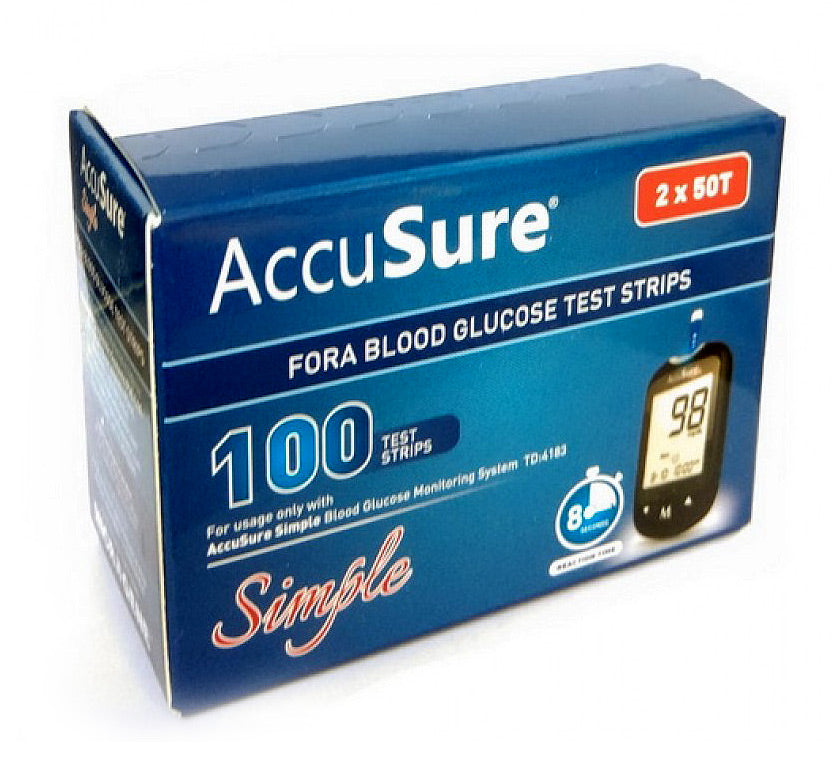 AccuSure blood glucose test strips packaging on a white background