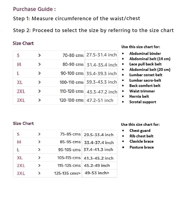 Size chart for medical support garments, including abdominal binders, lumbar belts, chest guards, rib belts, and posture braces, showing measurements in cms and inches.