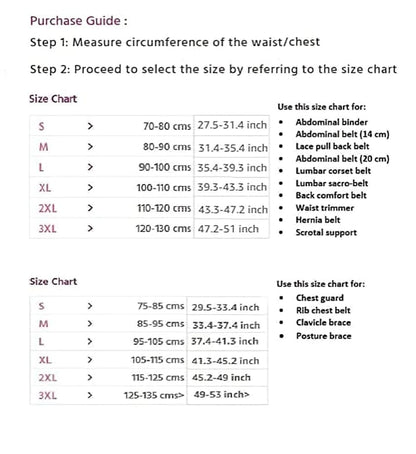 Size chart for medical support garments, including abdominal binders, lumbar belts, chest guards, rib belts, and posture braces, showing measurements in cms and inches.