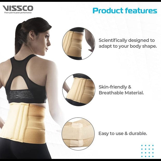 Woman wearing a beige back support brace with product features highlighted on a white background.