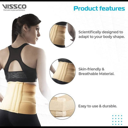 Woman wearing a beige back support brace with product features highlighted on a white background.