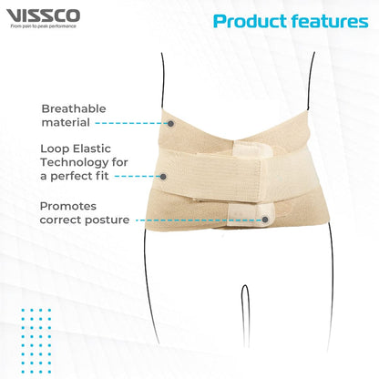 Beige back support brace with product features highlighted on a white background
