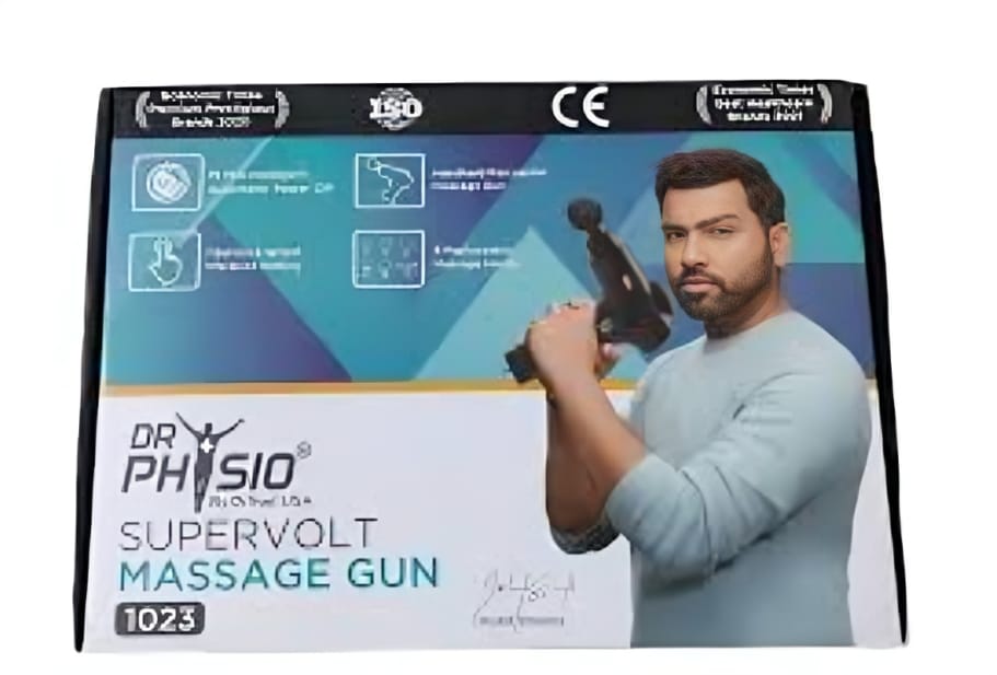 Packaging for Dr Physio Supervolt Pro Massager Gun featuring a male model holding the massager gun, with product features listed on the box.