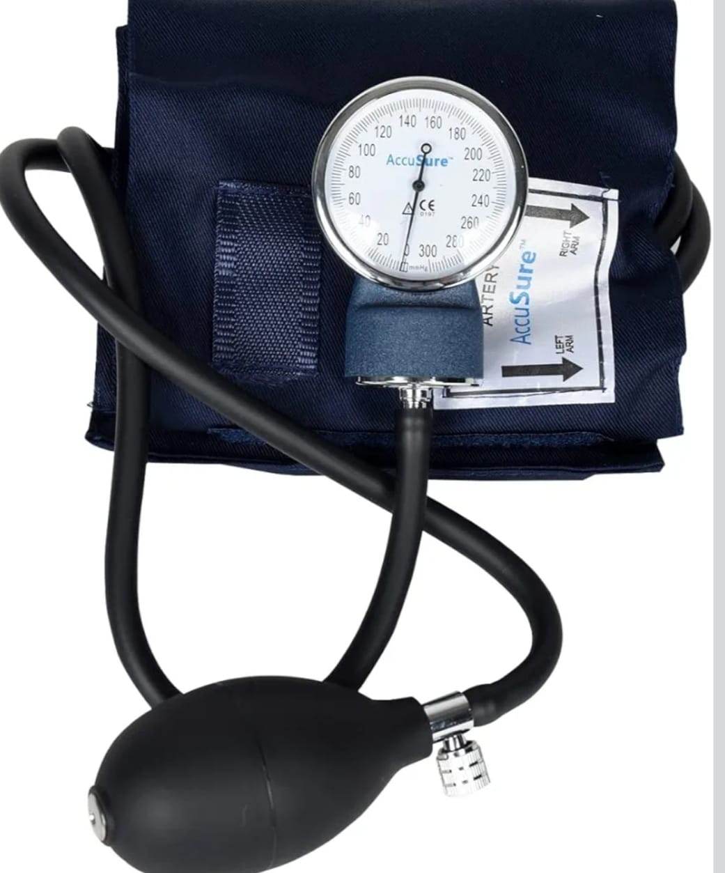 Close-up of a manual blood pressure monitor by AccuSure, showing the circular gauge, a black inflation bulb, and a dark blue arm cuff