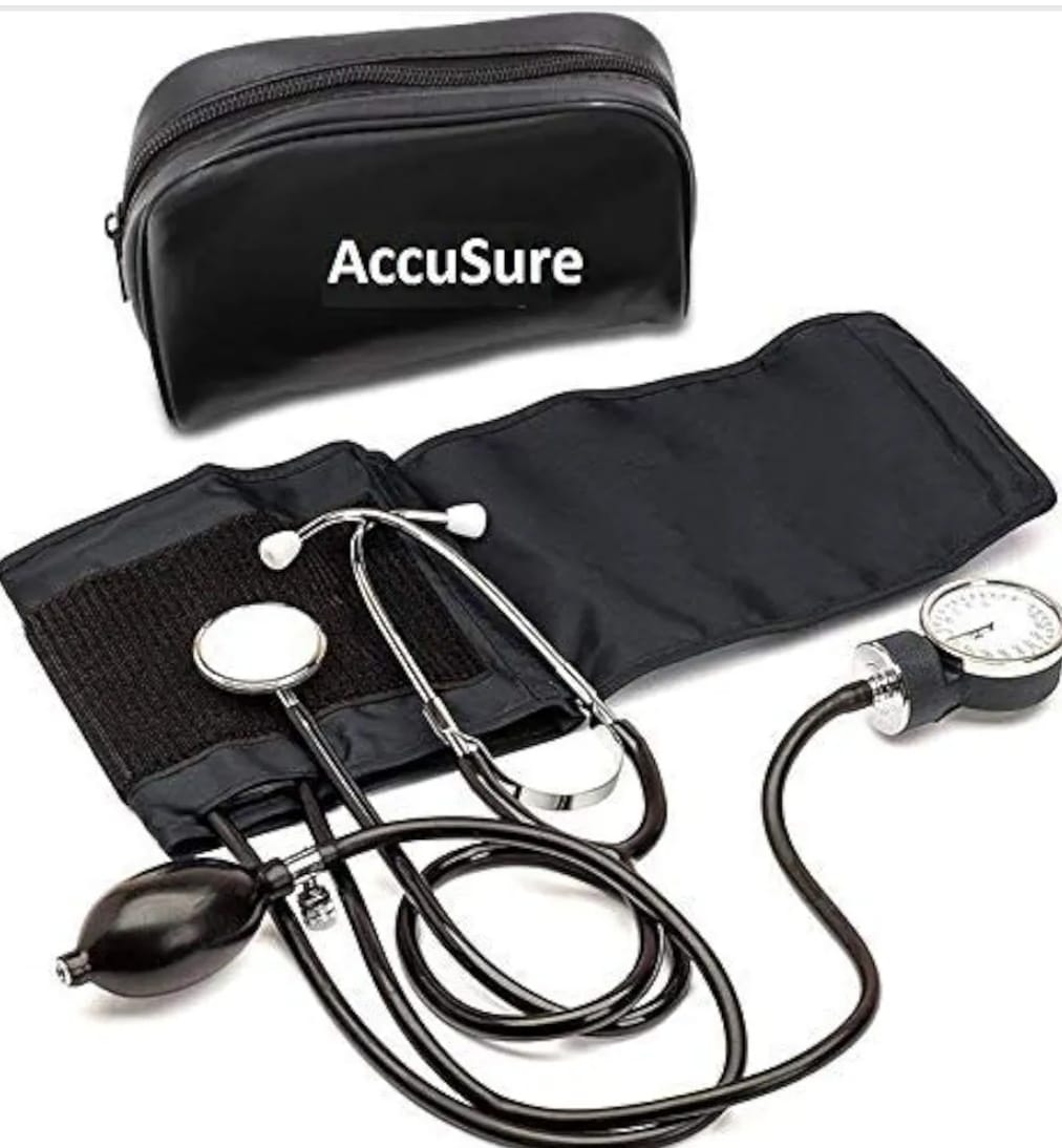 AccuSure sphygmomanometer and stethoscope blood pressure monitor kit in a black carrying case