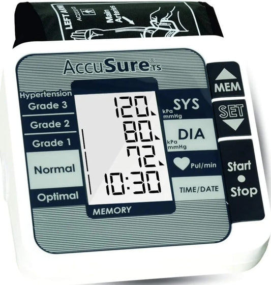 AccuSure TS digital blood pressure monitor displaying blood pressure reading and time.