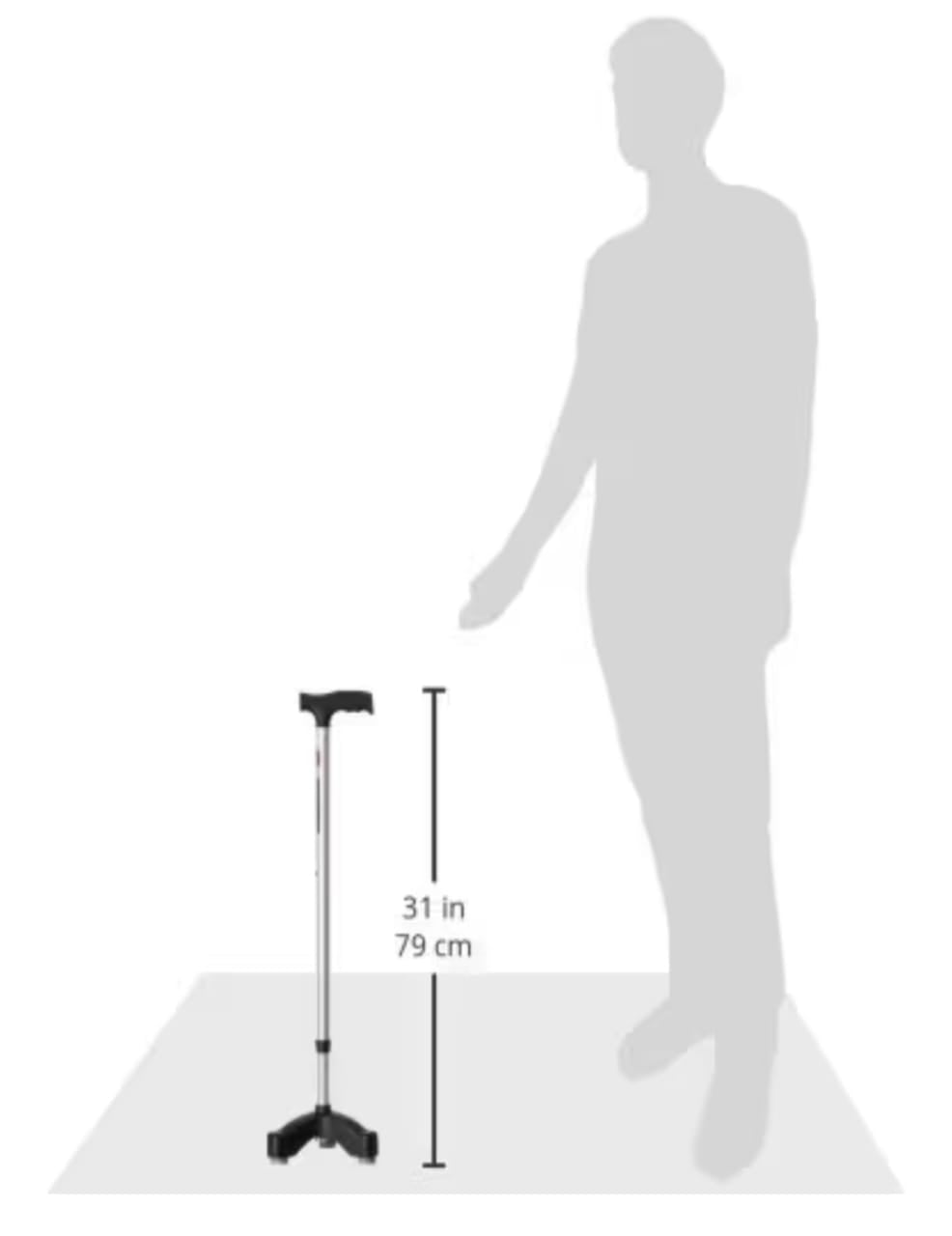 Collapsible cane with measurement details next to a silhouette of a person on a white background