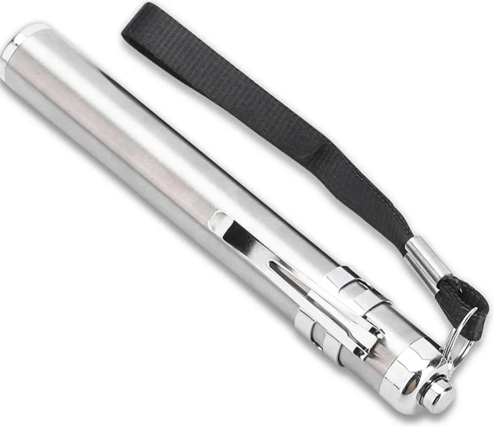 Silver metallic penlight with side clip and black wrist strap on a white background.