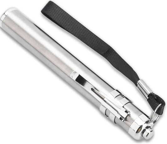 Silver metallic penlight with side clip and black wrist strap on a white background.