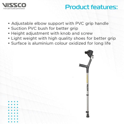 Adjustable elbow support with PVC grip handle on a white background, featuring Vissco branding.