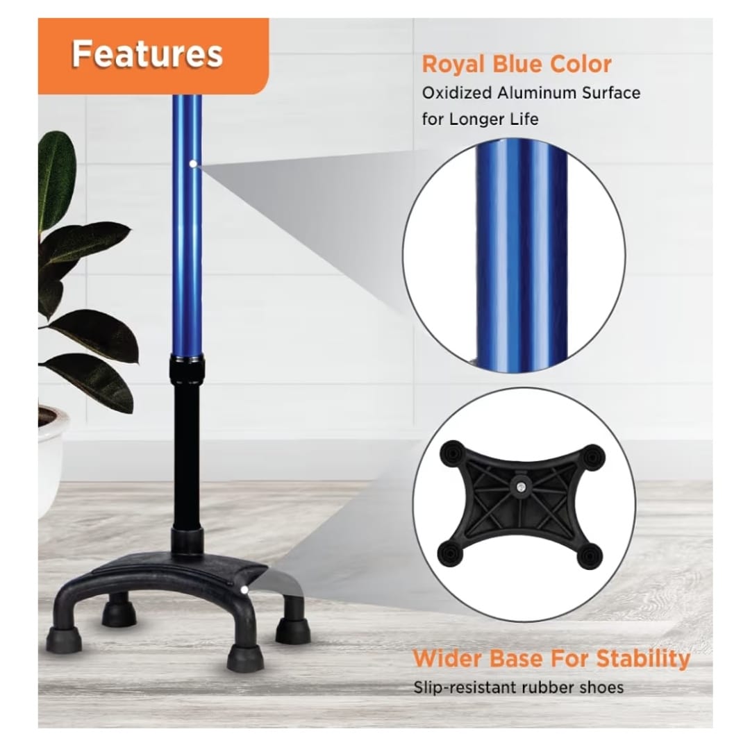 Royal blue adjustable walking stick featuring oxidized aluminum body and wide base with anti-slip rubber shoes