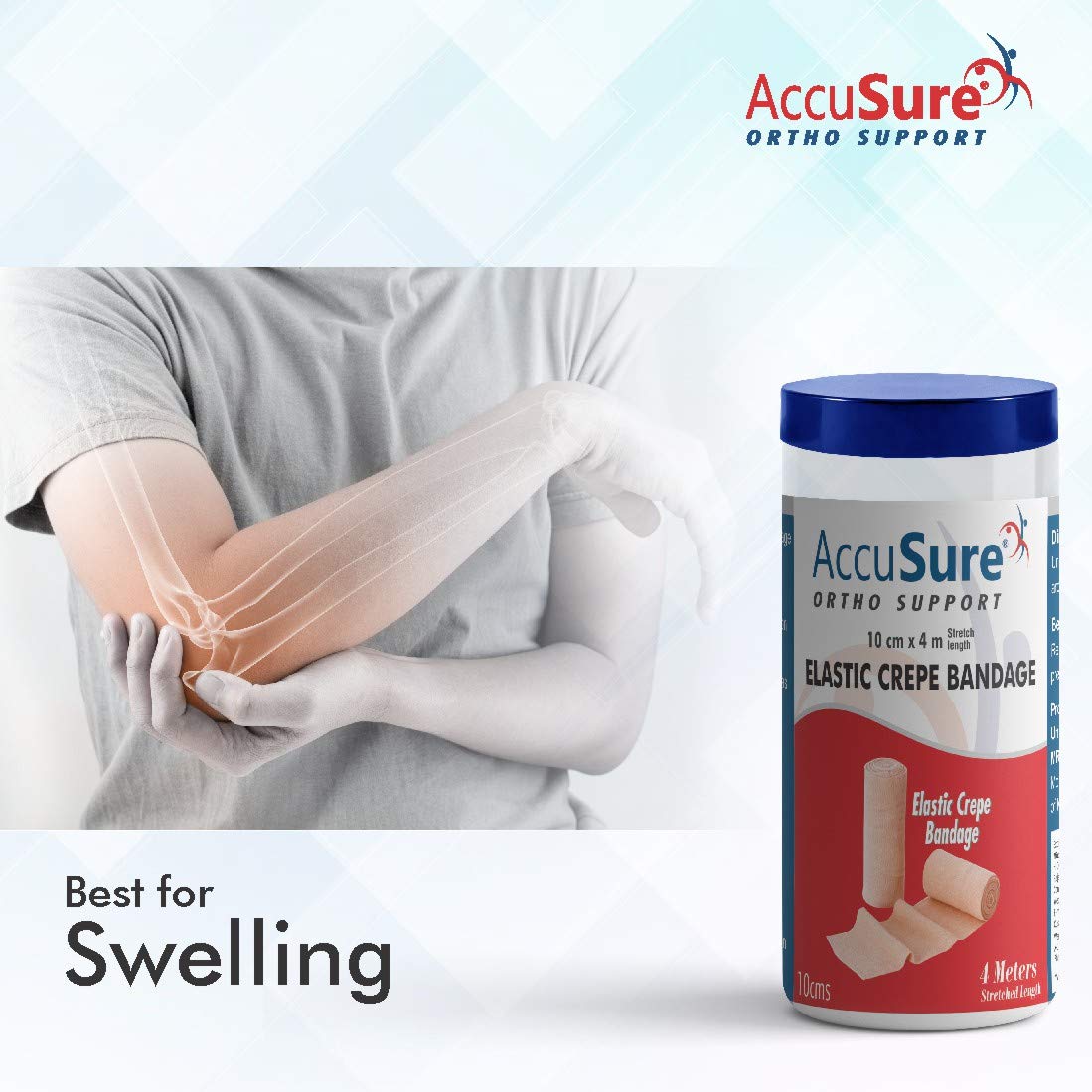 AccuSure Elastic Crepe Bandage with Hook & Loop Closure (10cm x 4mt)