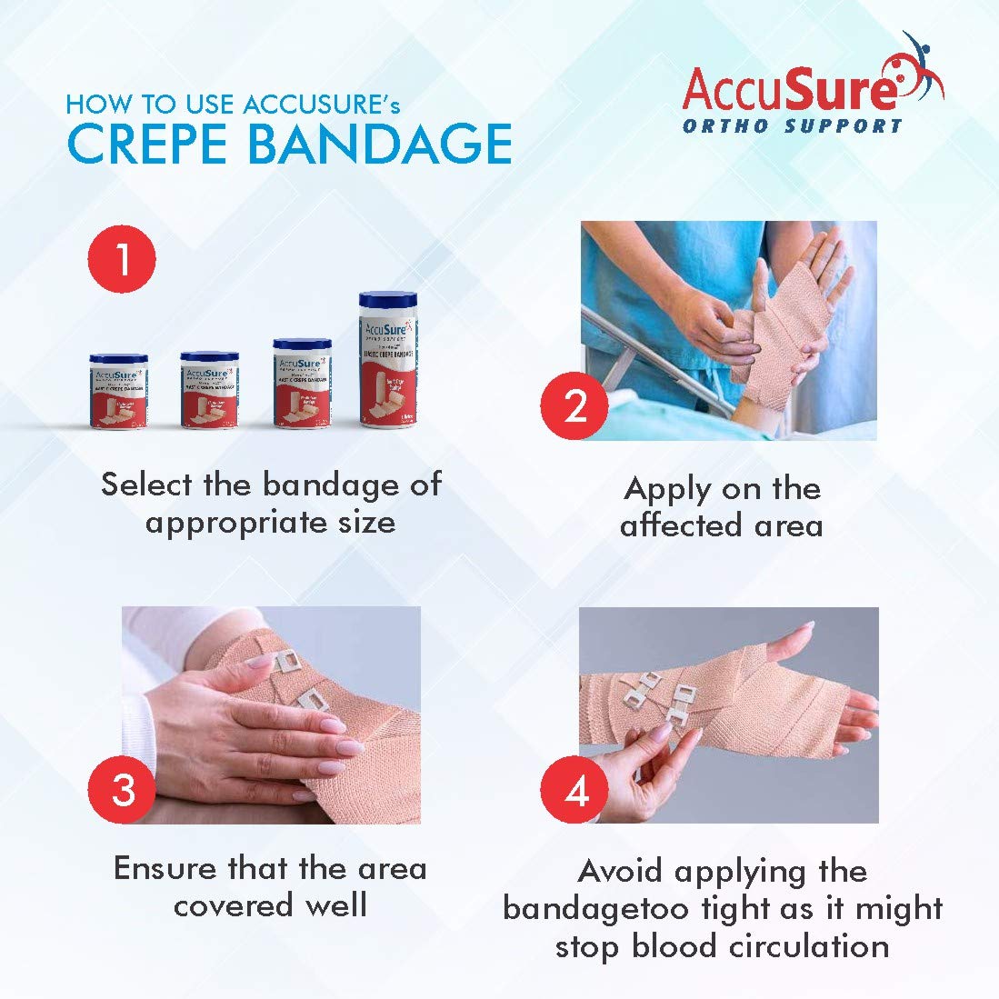 AccuSure Elastic Crepe Bandage with Hook & Loop Closure (6cm x 4mt)
