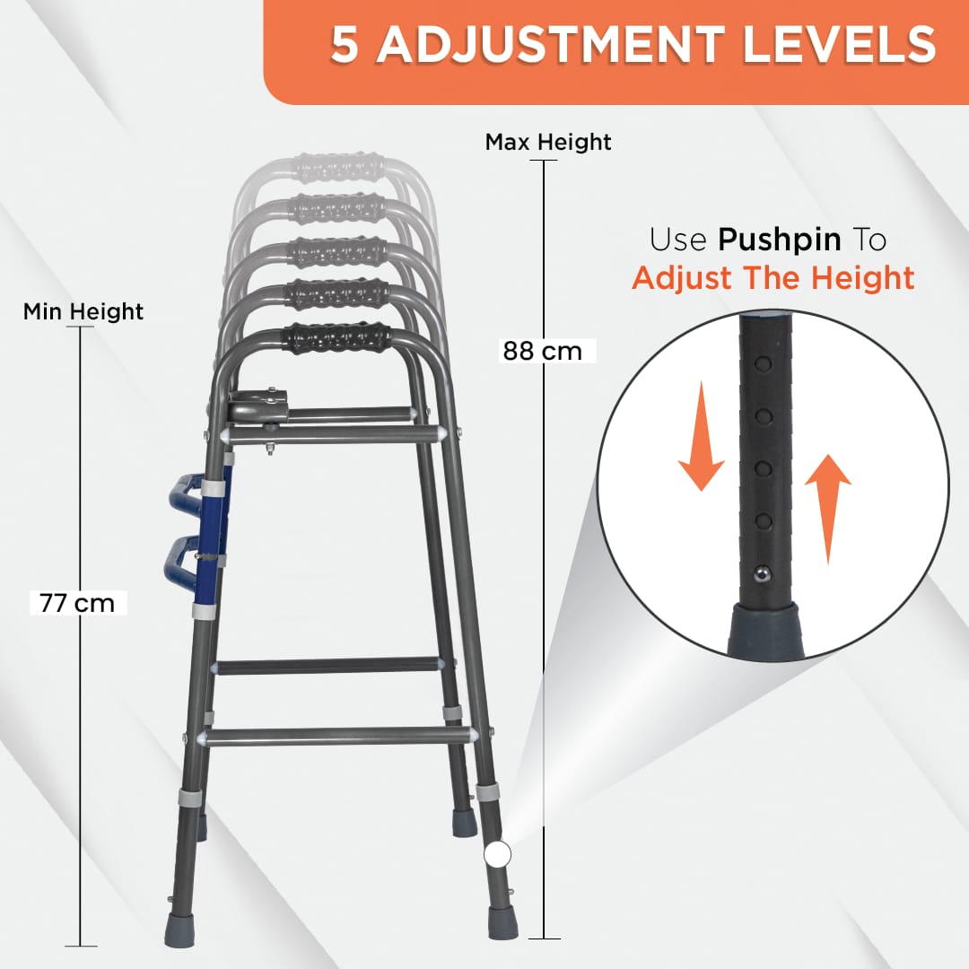 Adjustable height walker with measurement details on a white background