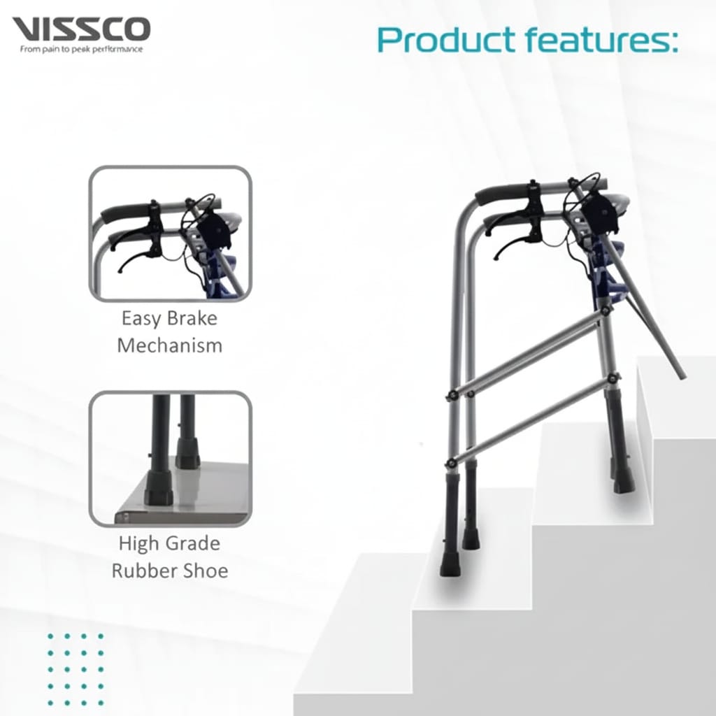Walker with features highlighted on a white background, including 'Easy Brake Mechanism' and 'High Grade Rubber Shoe'.