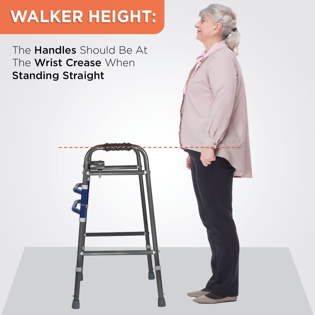 A woman standing next to a walker with a dashed line showing the handle at her wrist. Text: "Walker handles should be at the wrist crease when standing straight.