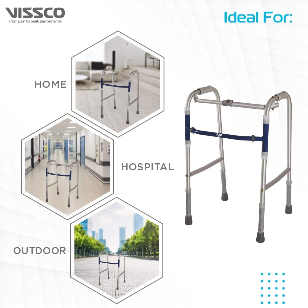 Walker with VISSCO branding and usage scenarios in home, hospital, and outdoor settings.