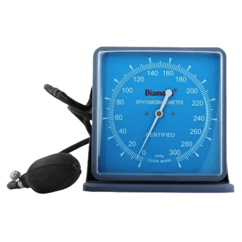 Sphygmomanometer with blue dial and black cuff on a white background