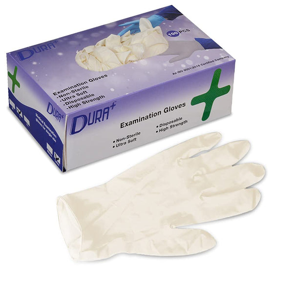A box of Duraplus unisex latex gloves, with a single glove displayed in front of the box. The box is labeled as a pack of 100 pieces and indicates that the gloves are for medical examination.
