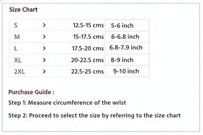 Size chart for wrist measurements with corresponding dimensions