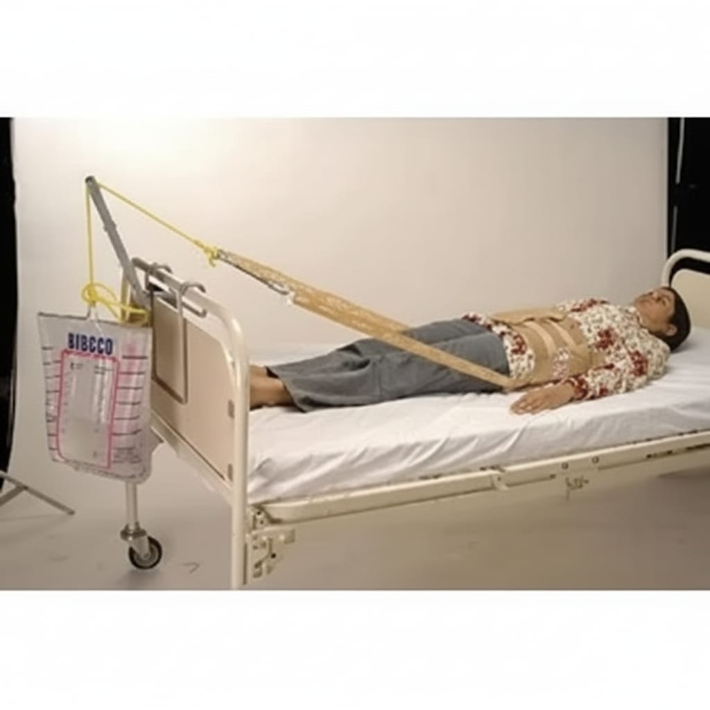 Person using a hospital bed safety harness with a white background
