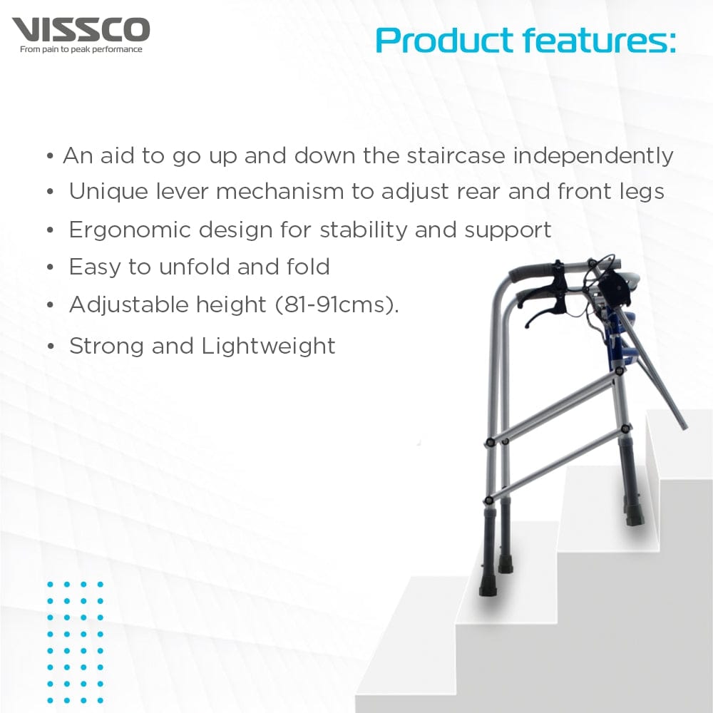 VISSCO stair walker with features listed on a white background