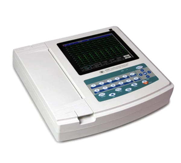 A white Contec 12-Channel ECG Machine with a digital display and multiple control buttons.