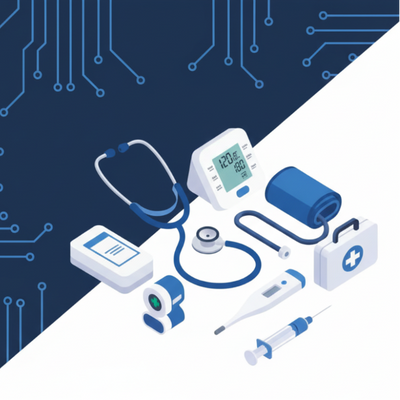 Illustration of various medical equipment including a stethoscope, blood pressure monitor, syringe, and medical case. Blue and white digital background.