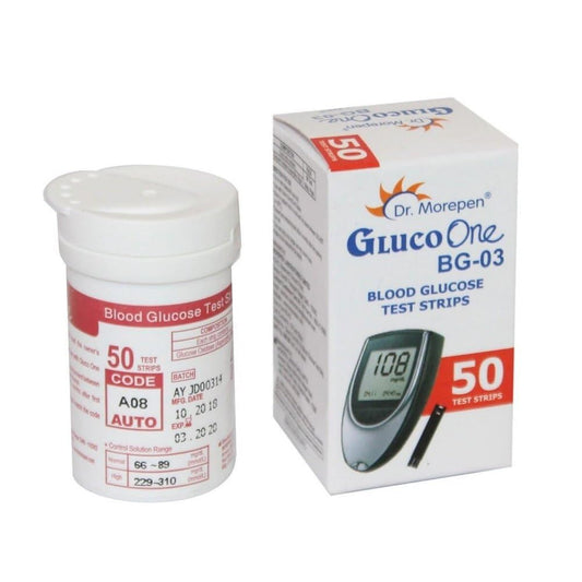 Dr. Morepen Gluco One BG-03 blood glucose test strips packaging with a container on a white background