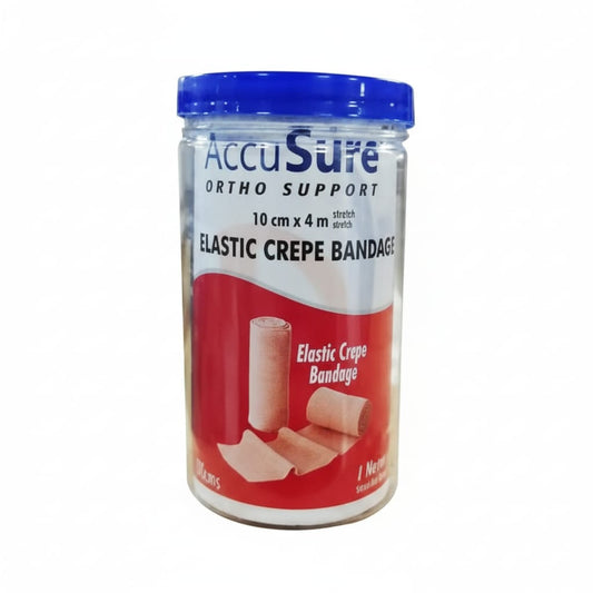 A container of AccuSure brand elastic crepe bandage, 10cm x 4m, designed for orthopedic support.