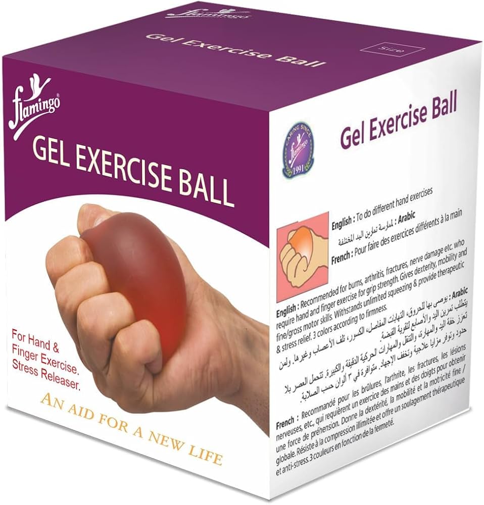 Box of Flamingo Gel Exercise Ball with hand holding a red ball on a white background