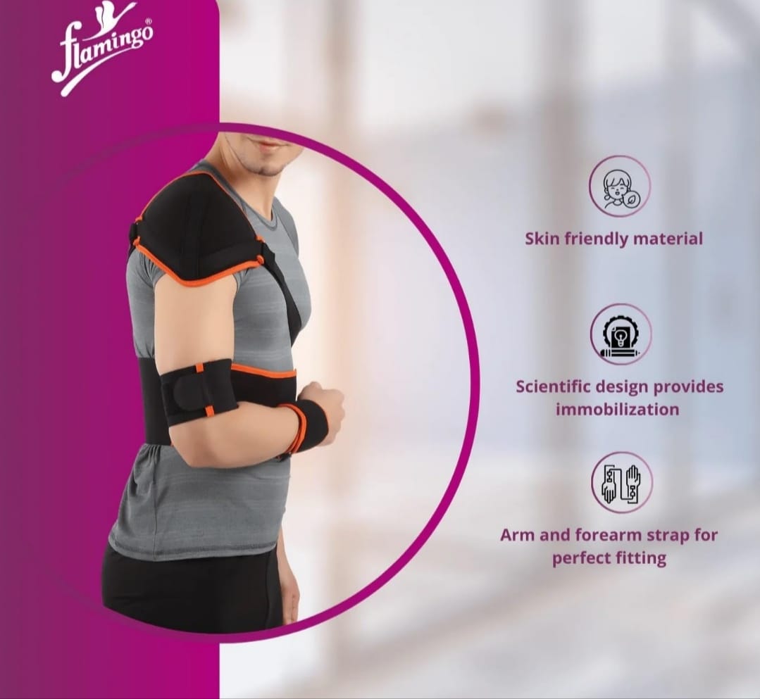 Person wearing an arm brace with Flamingo branding on a purple and white background