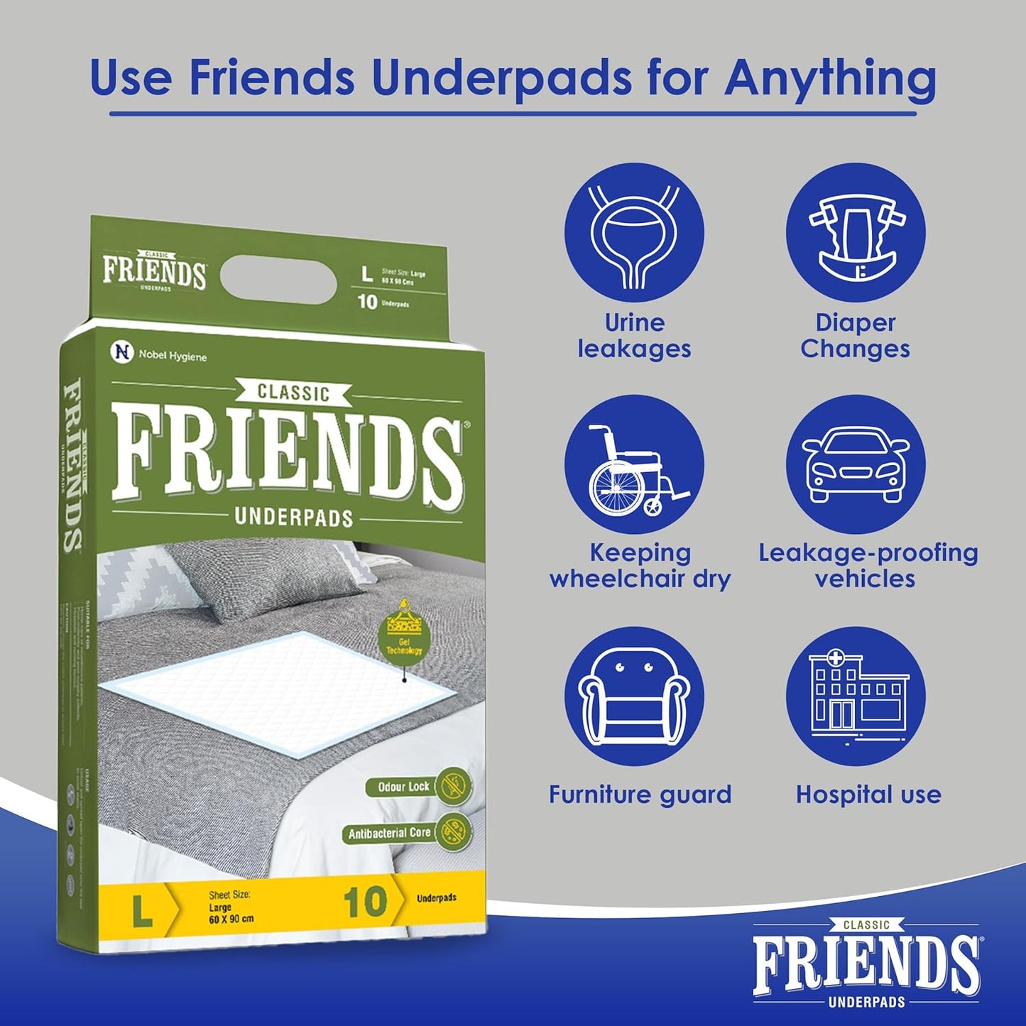 Friends Classic Disposable Underpads,Soft & Super Absorbency - 60x90 cm (Pack of 1)