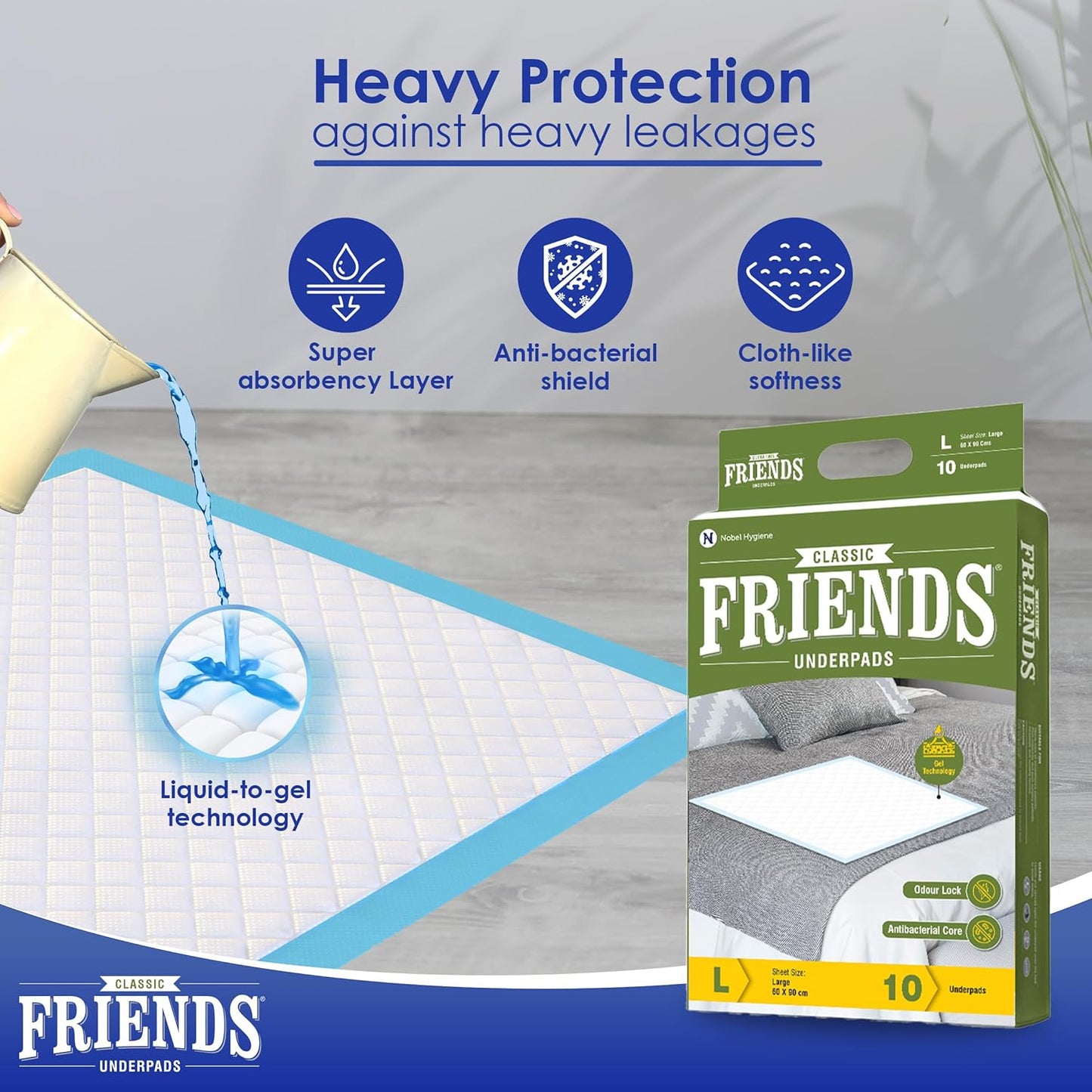 Friends Classic Disposable Underpads,Soft & Super Absorbency - 60x90 cm (Pack of 1)