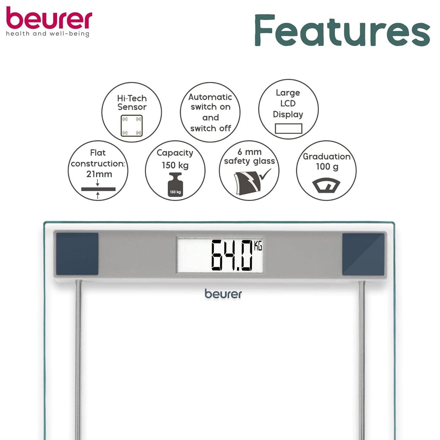 Beurer GS 11 Glass Bathroom Weight Scale With Transparent Lcd