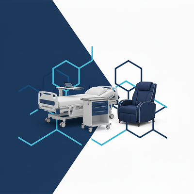 Hospital bed and recliner chair with geometric design elements on a blue and white background