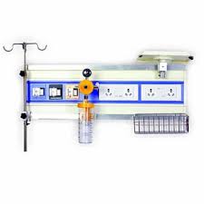 Wall-mounted medical equipment with IV stand, outlets, and hooks on a white background