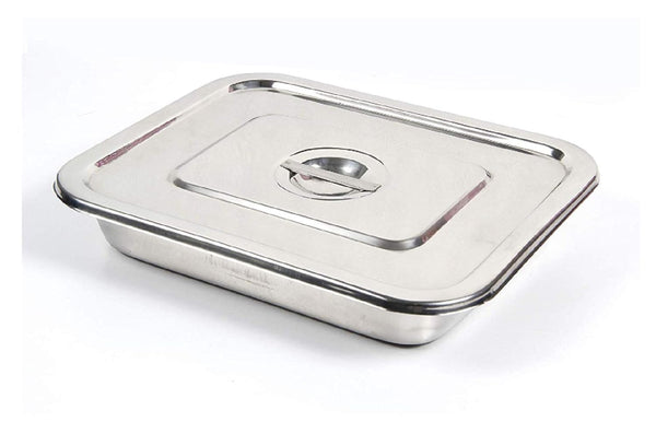 stainless steel tray with lid in white background 