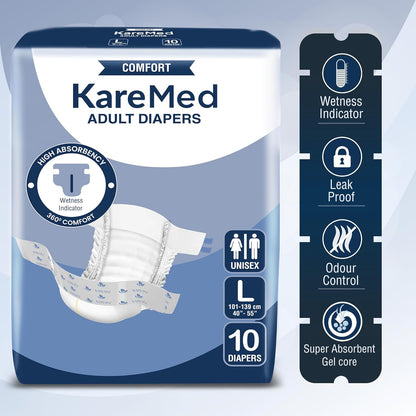 KareMed Comfort Adult Diapers, Large, Waist Size 101-139 Cm (40"-55")